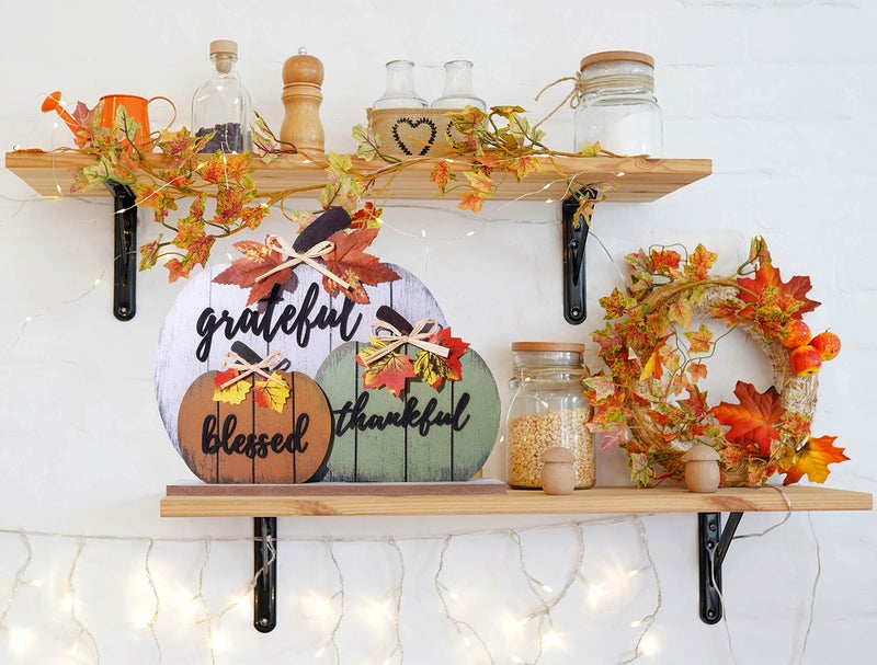 CYNOSA Fall Decorations for Home Blessed Grateful Thankful Fall Decor Wooden Pumpkin Tabletop Signs for Home Thanksgiving Farmhouse Living Room Harvest - Image 3
